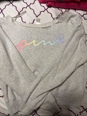PINK Victoria's Secret Heather Gray Crewneck Sweatshirt with Pastel Rainbow Logo